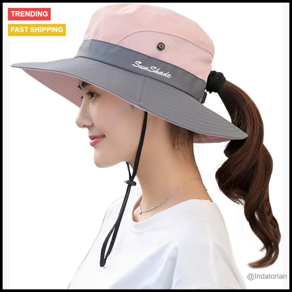 Ponytail Sun Hat Foldable Mesh Wide Brim UV Protection Beach Fishing Casual
